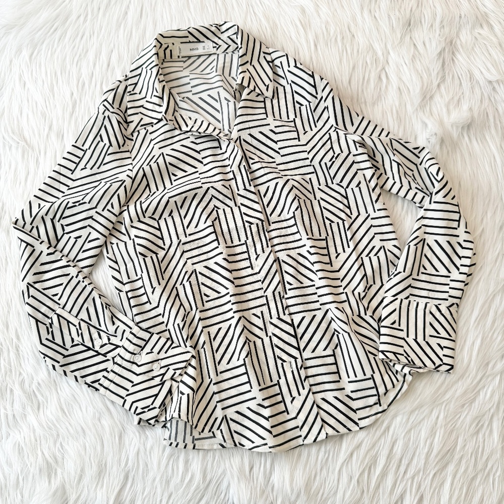 Mango White Black Print Button Down Blouse